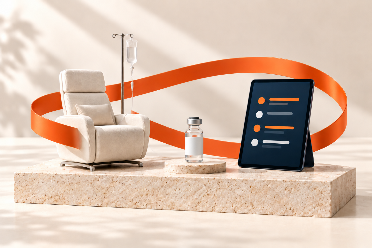 Infusion chair, IV stand, injectable medication vial, and care portal on pale stone platforms
