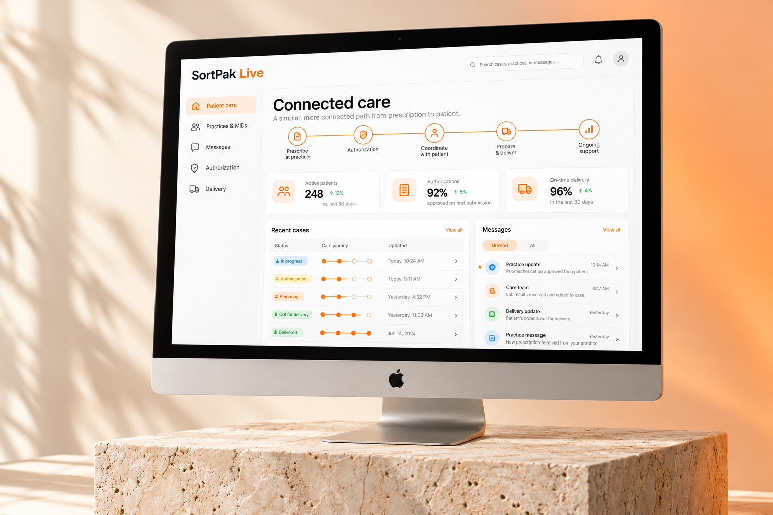 SortPak Live care portal displayed on a desktop on a pale stone pedestal